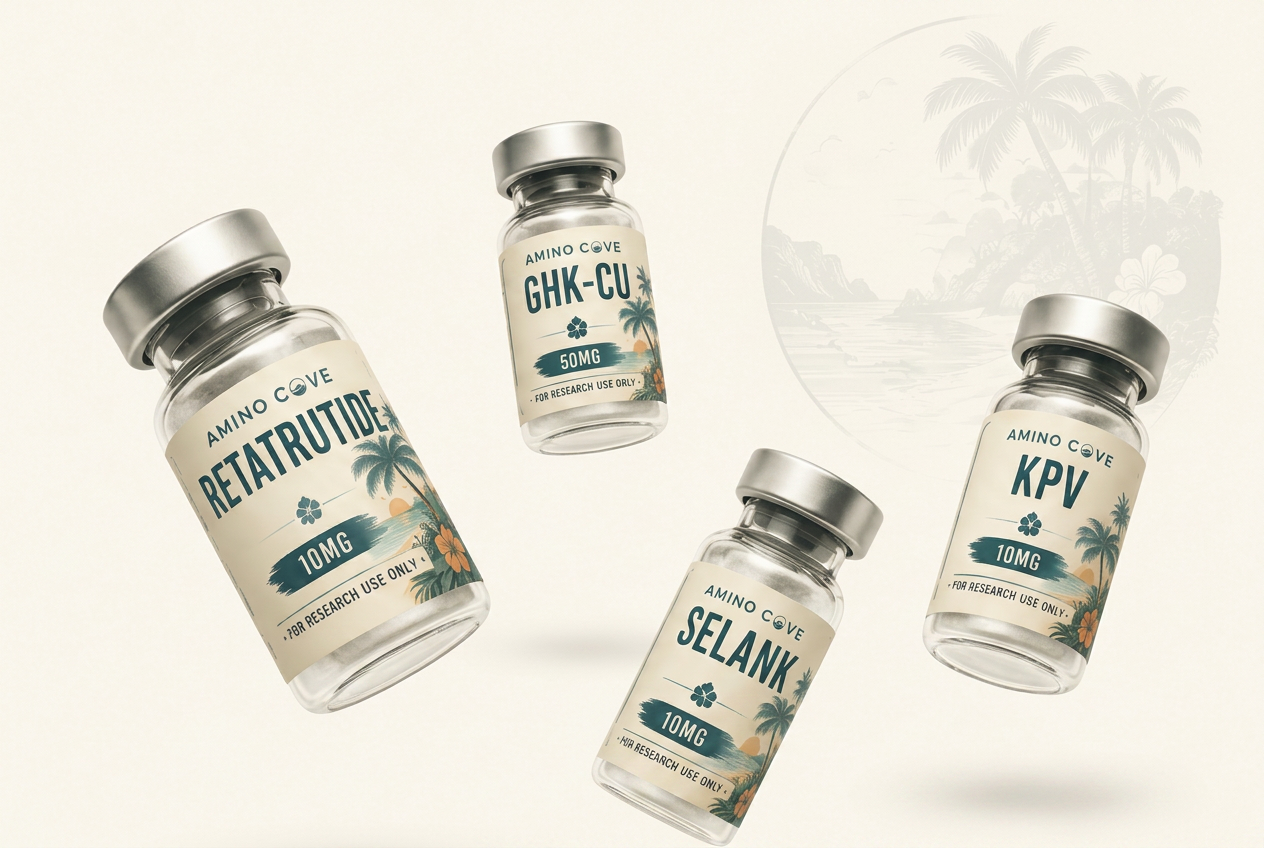 Amino Cove research peptide vials floating over a coastal illustration